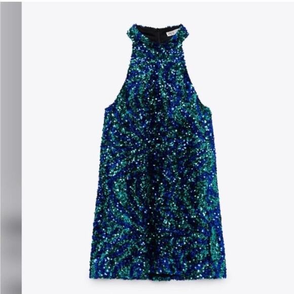 Zara Blue and Green SEQUIN HALTER DRESS - Picture 10 of 12